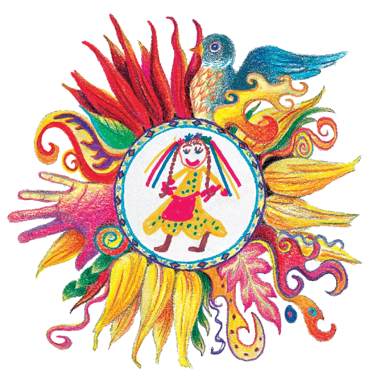 Logo Hand in Hand for Children e.V. — Kinderzeichnung mit Sonne, Hand, Vogel und Mädchen im Kreis